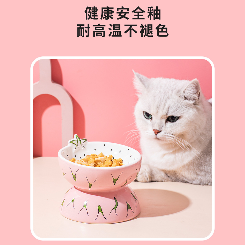 可爱猫碗陶瓷宠物碗防黑下巴倾斜口高脚护颈猫盘狗碗饮水碗防打翻 - 图1