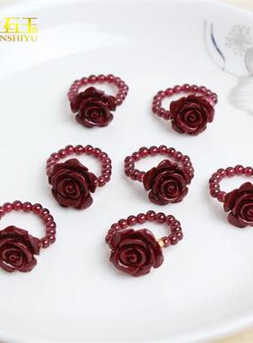 天然朱砂玫瑰花戒指吊坠耳钉DIY编织戒圈玫瑰花手链手串