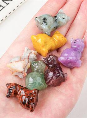天然水晶招财猫雕刻件水晶矿石玛瑙半宝石矿标家居桌面装饰摆件