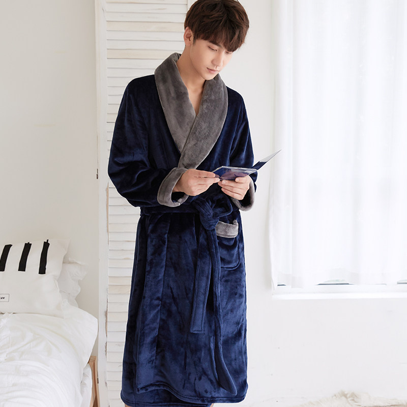 秋冬法兰绒长款加绒可爱男士冬浴袍 优美纺睡袍/浴袍
