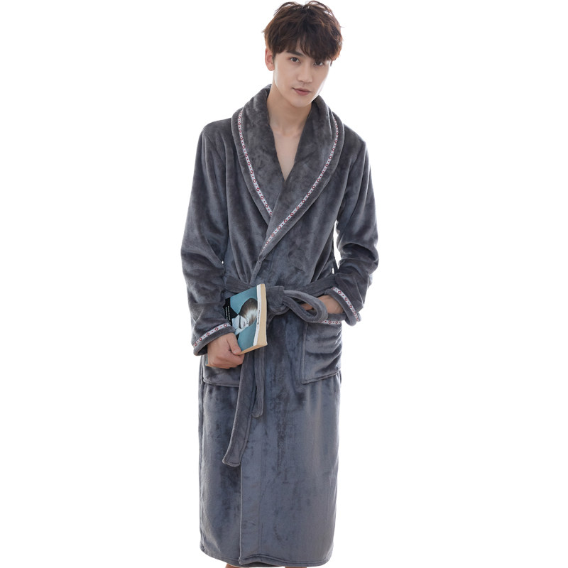 秋冬法兰绒长款加绒可爱男士冬浴袍 优美纺睡袍/浴袍