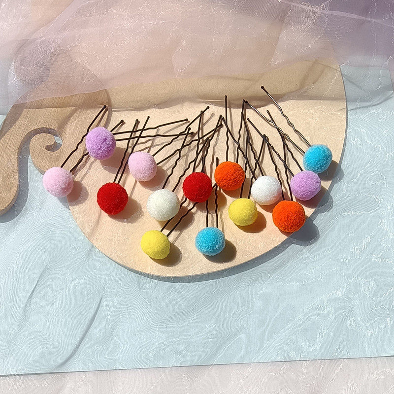 彩色毛球发叉U形夹子毛绒绒发饰古风点缀u钗迷你红绒球发簪头饰品,淘宝优惠券,粉丝福利购,淘宝优惠卷