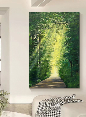 手绘绿色森林小路风景挂