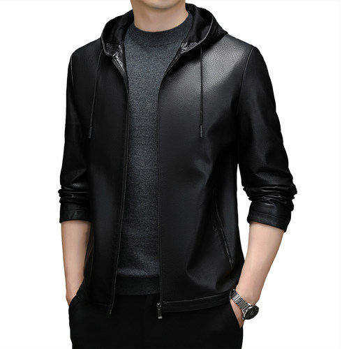 真皮皮衣男秋冬抽绳连帽领皮衣海宁鹿皮质感中年加绒外套拉链男装 - 图3