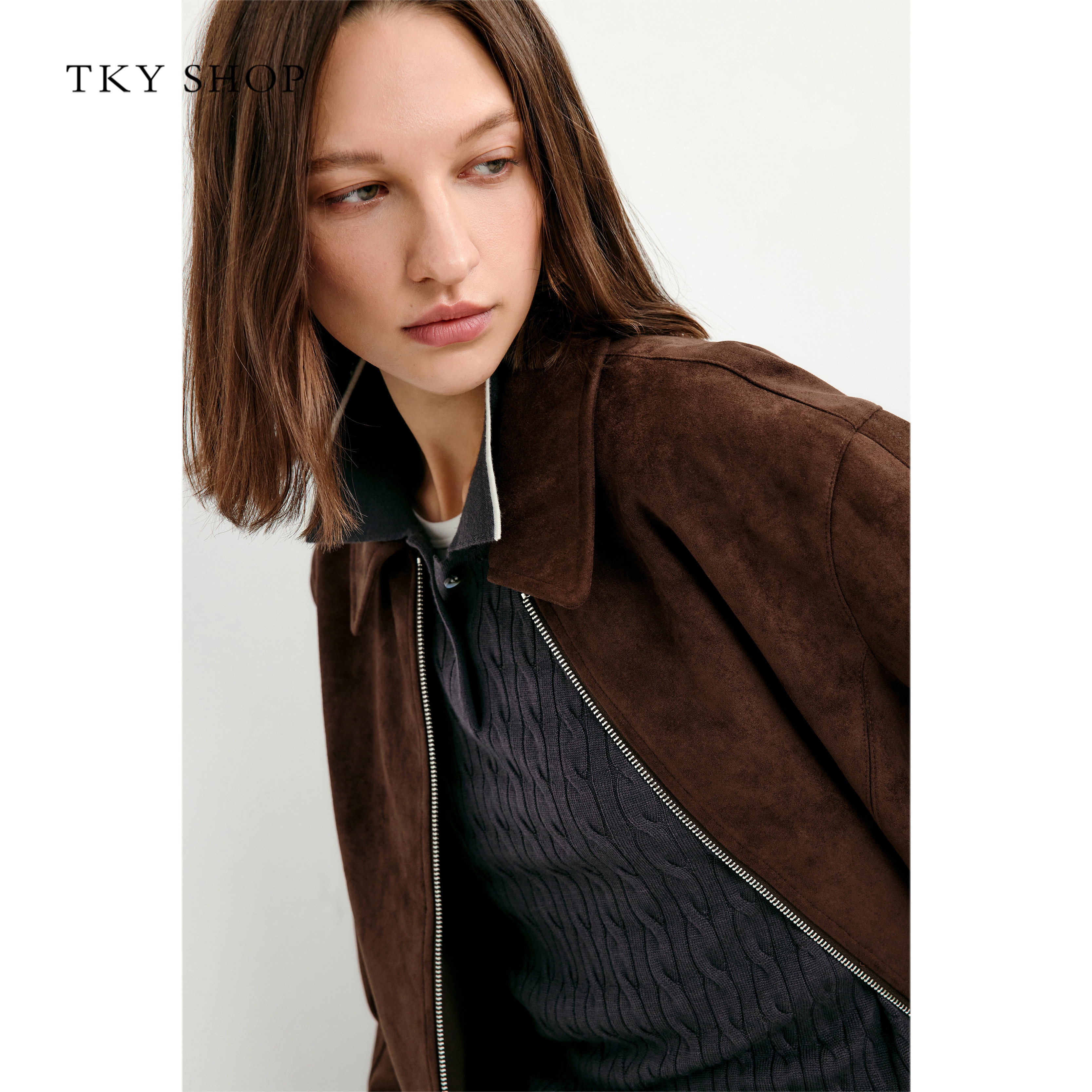 TKY SHOP摩卡棕仿麂皮绒翻领短外套女春新品甜酷风复古简约上衣,淘宝优惠券,粉丝福利购,淘宝优惠卷