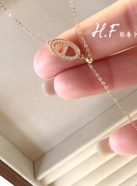 纯14K金项链女满钻猪鼻子