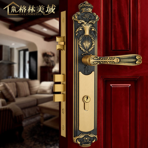 格林美域 宫廷样式豪华欧式门锁 黄铜门锁别墅 大房门双开对开锁 - 图1