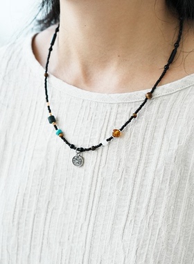 贰狸手作「醒狮」原创国风项链轻奢手工串珠福牌复古小众锁骨链女