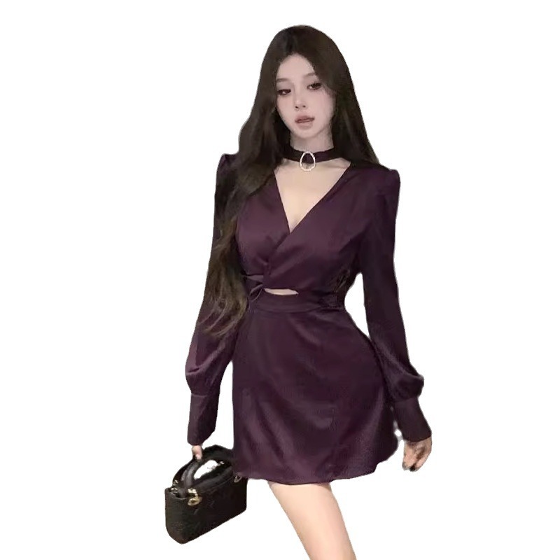 法式性感紫色衬衫连衣裙女春夏季气质名媛修身成熟御姐短裙X7380