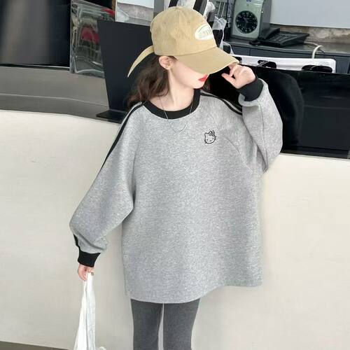 女童休闲圆领长袖T恤中长款宽松洋气运动风春秋冬儿童加绒卫衣 - 图3
