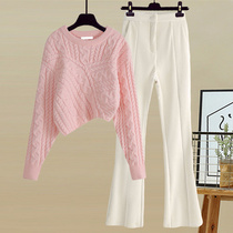 Sweet Beauty Girl Suit Korean Ensemble Gentle Wind Numb sweater feminine wool Velvet Temperament Sashimi-style Trumpet Pants