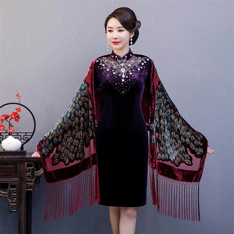 春秋女士披肩围巾两用丝绒烧花长款围巾婚宴妈妈旗袍礼服披肩外搭,淘宝优惠券,粉丝福利购,淘宝优惠卷