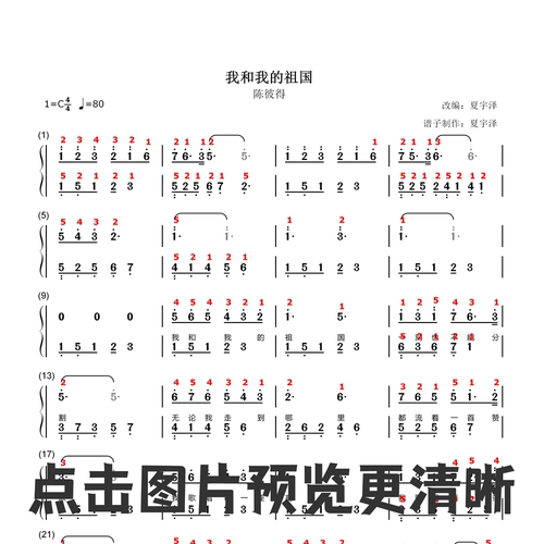 我和我的祖国 钢琴谱 双手简谱 五线谱电子版独奏陈彼得C调带指法 - 图3
