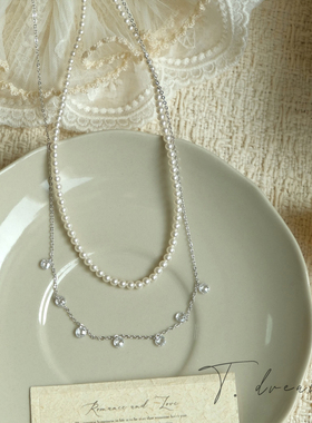 nicedream法式珍珠锆石叠带项链