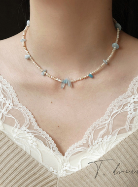 nicedream法式海洋蓝珍珠串项链