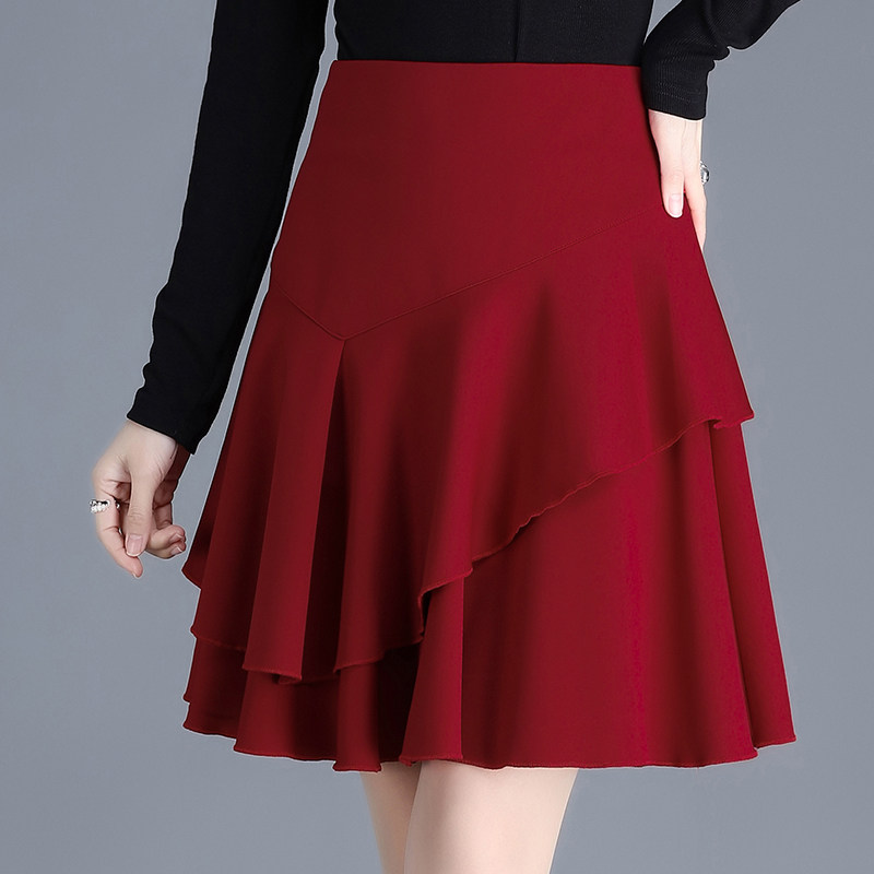 红色a字裙2023春秋新款高腰半身裙 倩芭兰半身裙