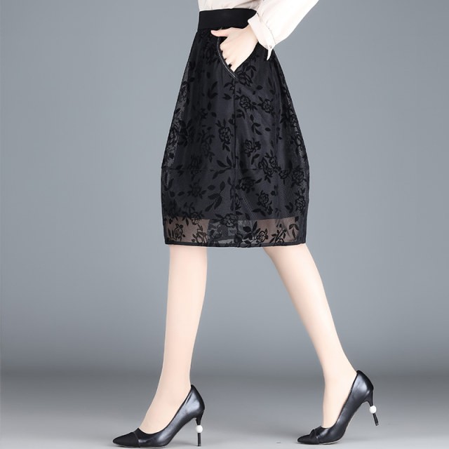 Flocked mesh flower bud skirt A-line midi skirt for women