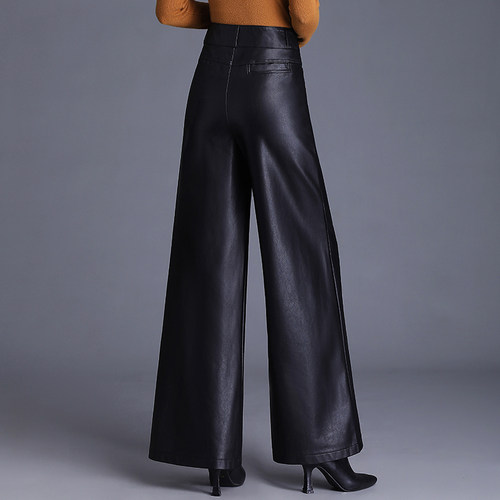 黑色宽松PU皮裤阔腿裤女秋冬2025新款高腰垂感通勤气质长裤休闲裤 - 图2