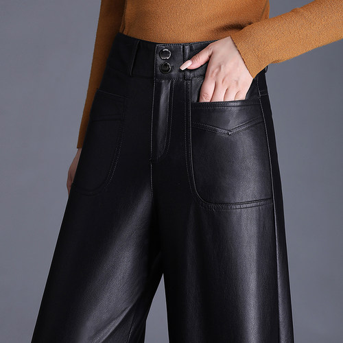 黑色宽松PU皮裤阔腿裤女秋冬2025新款高腰垂感通勤气质长裤休闲裤 - 图3
