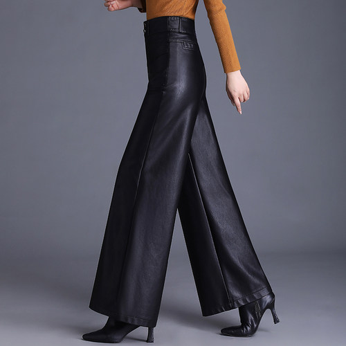 黑色宽松PU皮裤阔腿裤女秋冬2025新款高腰垂感通勤气质长裤休闲裤 - 图1