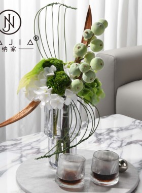 罗曼提现代样板间花艺灰色皮革铬色球圆托盘摆件客厅茶几饰品组合