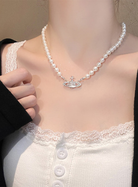 棉条虫合金女土星球宇宙珍珠项链