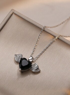 项链女 网红爱心天使黑色切面微镶锆石闪钻时尚气质钛钢轻奢风