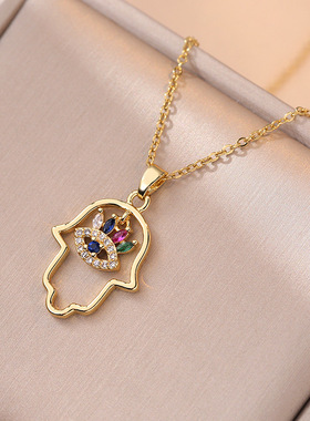 项链女网红彩色锆石跨境货源欧美时尚手掌恶魔之眼滴油铜镀锁骨链