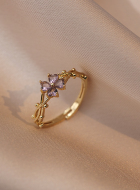 戒指女 紫色四叶花锆石开口戒指甜美小众时尚食指戒网红可调节指