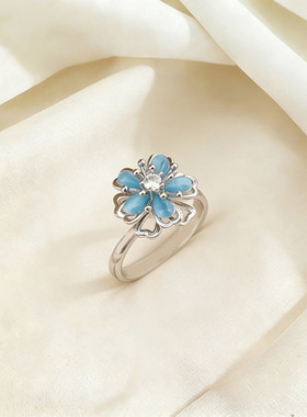 戒指女 欧美跨境新品镀真金360旋转戒指蓝色猫眼石配锆石开口指环