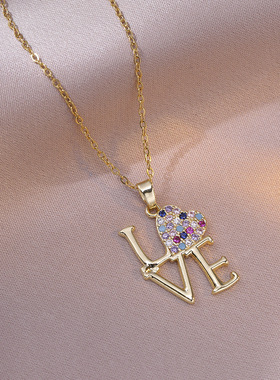 项链女跨境时尚气质彩色爱心锆石LOVE跨境桃心锁骨链字母欧美项链
