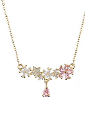 项链女日韩风跨境网红粉色花花锁骨链女小众设计颈链时尚钛钢项链