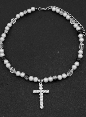 新款嘻哈小众反光珠拼接十字架锁骨链女情侣百搭项链串珠配饰男潮