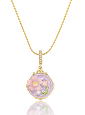 项链女 网红复古油画风粉色系列花朵中式新品时尚扣耳环套装项链