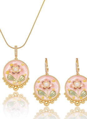 项链女新款花园花朵天然淡水珍珠滴油花朵油画风饰品耳环套装项链