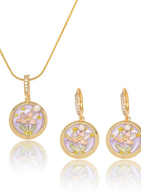 项链女新款花园花朵天然淡水珍珠滴油花朵油画风饰品耳环套装项链