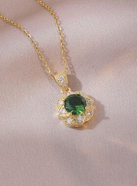 项链女欧美跨境彩色锆石钛钢项链时尚满钻花朵吊坠简约绿色锁骨链