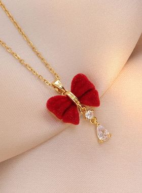 项链女 日韩风时尚植绒红色蝴蝶结项链过年秋冬新年圣诞节日饰品