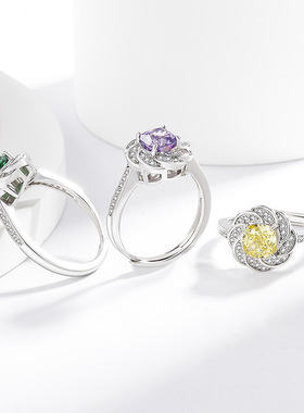 直播热卖彩宝冰花切花冠戒指女爆闪高碳钻帕帕拉恰时尚个性首饰品