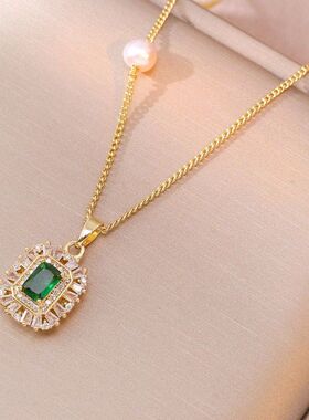 项链女 淡水珍珠新款潮复古绿色宝石设计感小众耳环戒指项链饰品