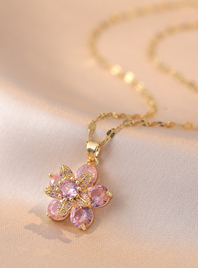 项链女跨境微镶简约旋转花朵粉色彩色锆石微镶时尚潮流锁骨链