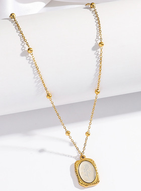 项链女欧美时尚跨境金色玫瑰花镶嵌白色不锈钢简约花朵锁骨链饰品