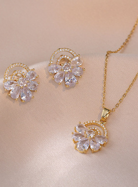 项链女 网红半圆弧镶钻耳钉女欧美ins小众时尚耳饰套装锁骨链