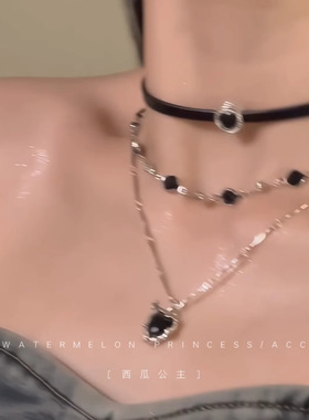 「黑绳甜酷心」多层叠戴项链女辣妹甜酷黑皮绳链锁骨链choker颈链