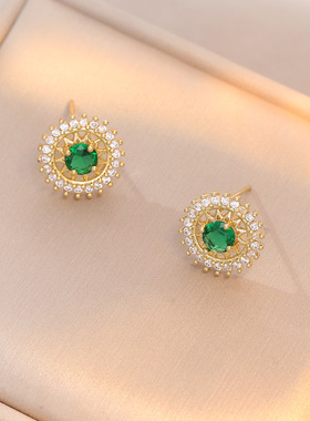 项链女网红跨境锆石花朵祖母绿时尚新款设计吊坠气质套装钛钢项链