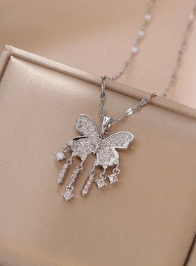 钛钢项链女 璀璨星河蝴蝶宝石项链设计镀18K金多切面锆石流苏蝴蝶