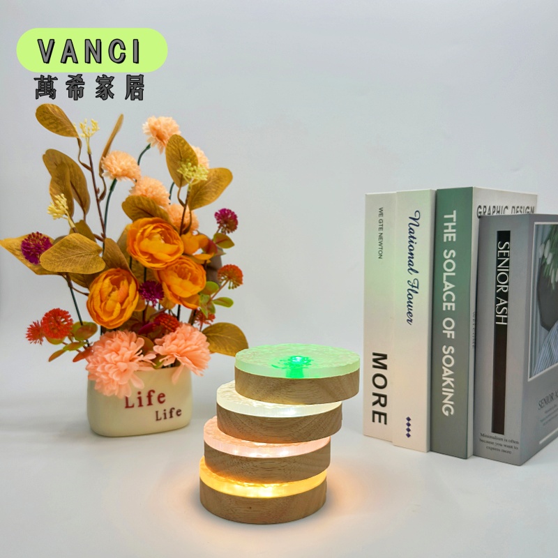 实木扩散板亚克力波浪形LED充电氛围小夜灯 触控调节护眼发光底座 - 图2