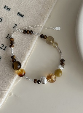 S925银虎眼碎银白水晶手链女气质百搭ins风时尚手饰配饰美拉德色