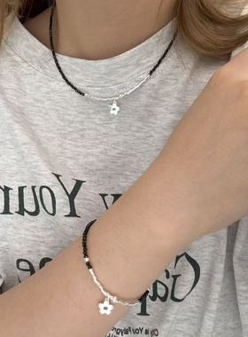 S925银韩版花朵吊坠黑尖晶项链