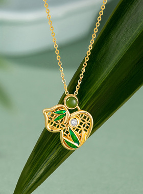 福禄双全纯银925和田碧玉项链新中式国潮竹节锁骨链ins风葫芦